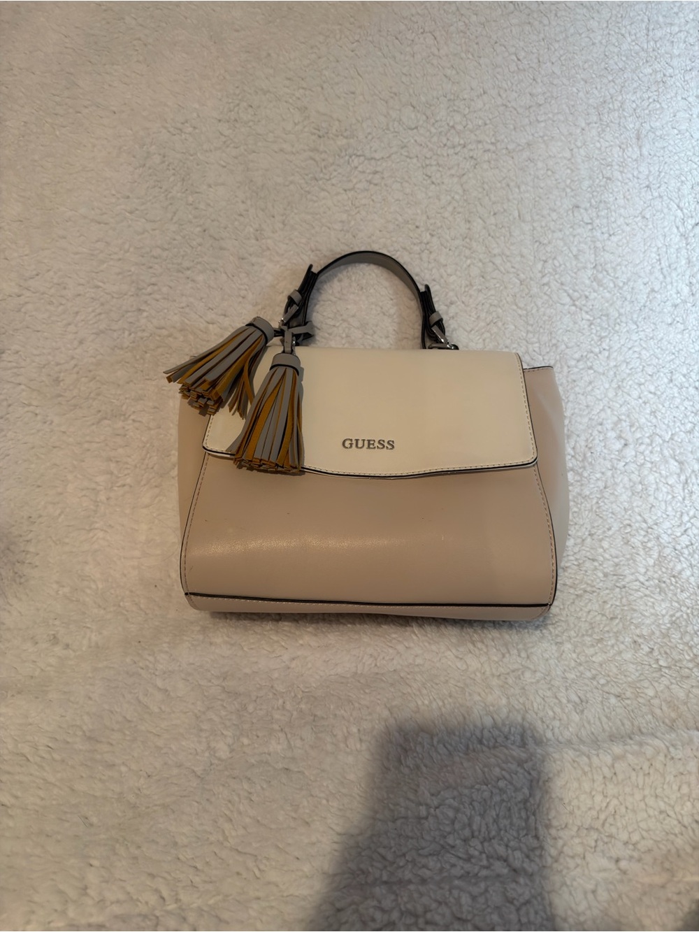 GUESS Two-Tone Cream & Beige Top-Handle Satchel with Tassels